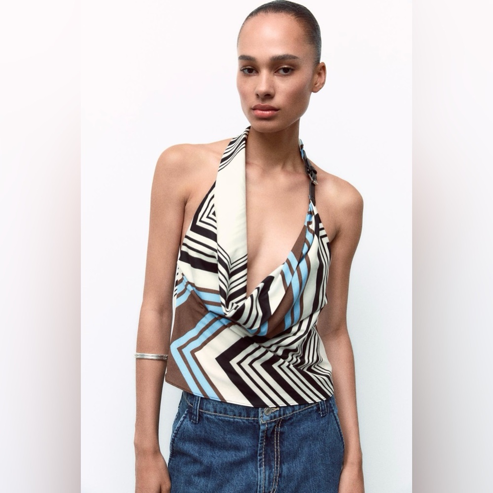 ZARA STRIPED BELT HALTER NECK POPLIN TOP . SIZE M